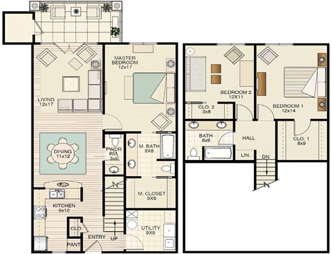 Floor plan for 3 beds, 2.5 baths, 1800 sqft